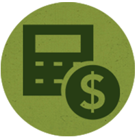 A dark green calculator icon overlapping a dollar sign coin on a circular light green background.