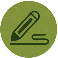 Olive green circle containing a dark green icon of a pencil writing a line.