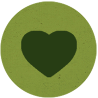 A dark green heart icon centered on a textured, light olive green circular background.