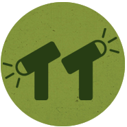 Two green flashlight icons facing outward, set against a circular olive green background with a textured finish.