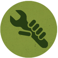 Dark green graphic of a hand holding a wrench inside a circular, olive green background.
