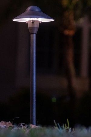 A dark-finished landscape path light illuminated at night, positioned in grass.
