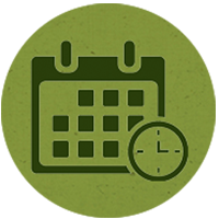 A green circle icon featuring a calendar and a clock, representing scheduling, time management, or an appointment.