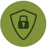 A green circle containing a dark green shield icon with a padlock in the center, representing security or protection.