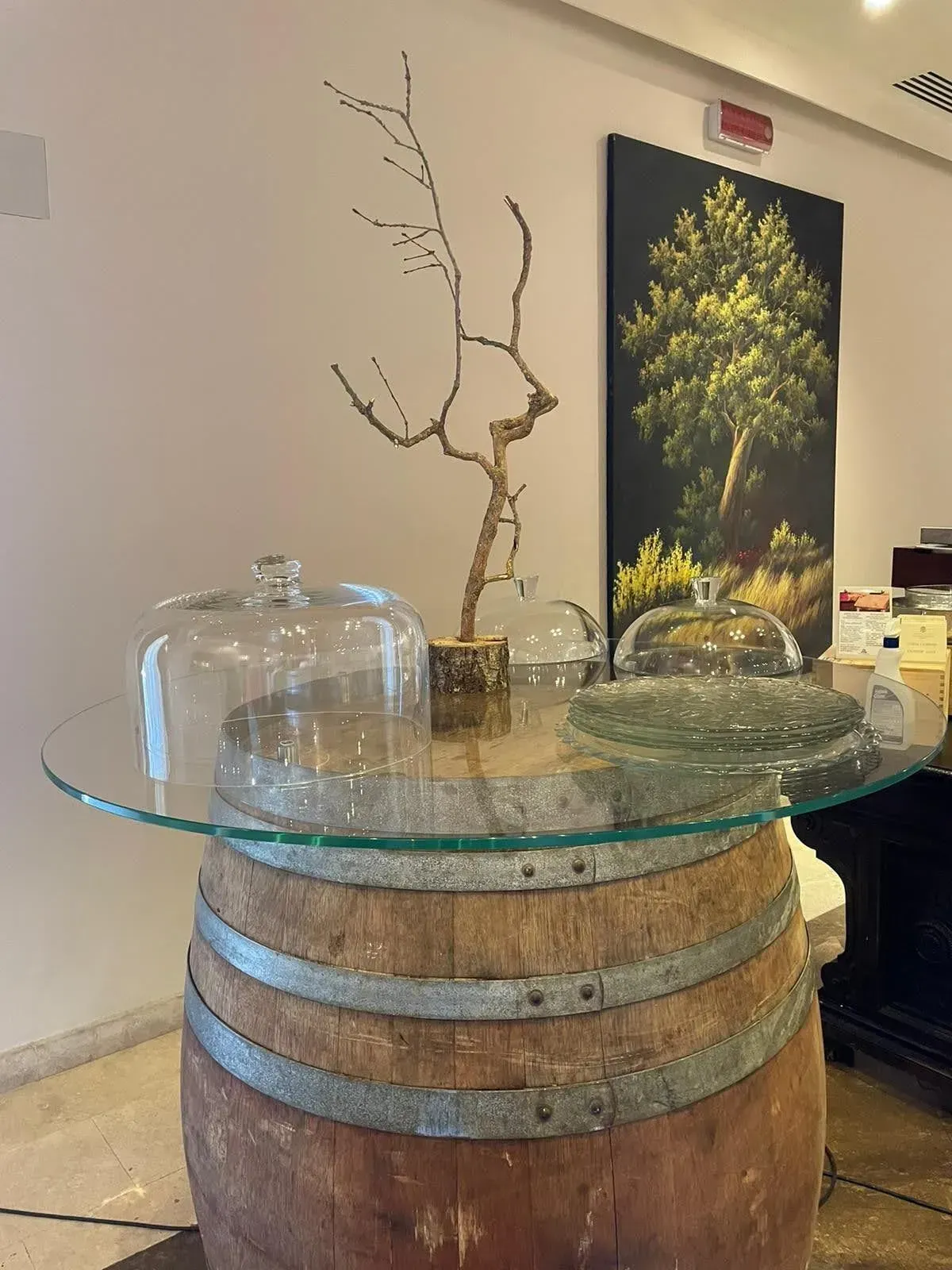 Tavolo con piano in vetro su una botte di legno, cupole di vetro, rami secchi e un dipinto floreale sullo sfondo.