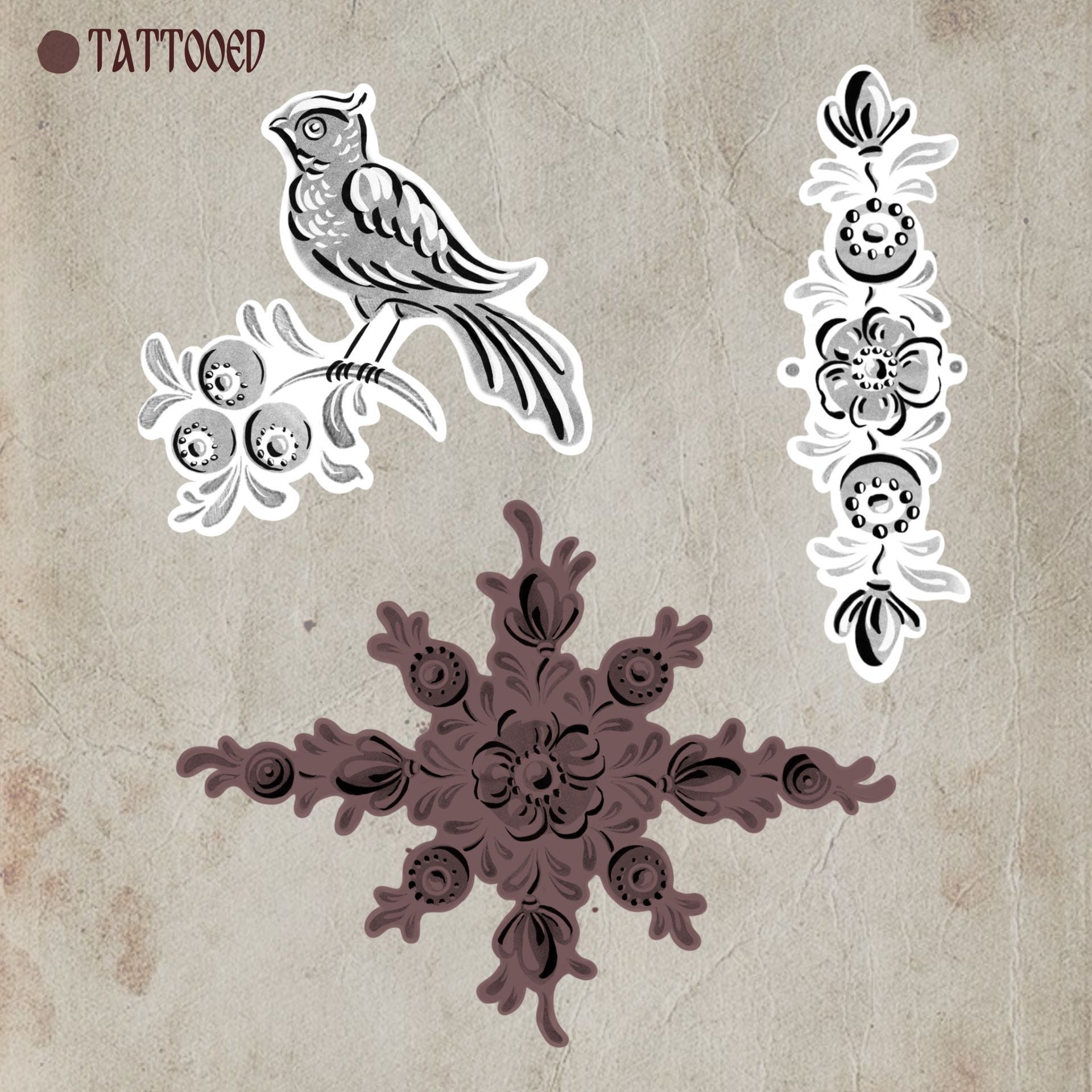Tattoo ontwerp van Marije Kootstra, Sideways Tattoo Leeuwarden. Flashwork Hindeloopen design botanical dotwork bird vogel