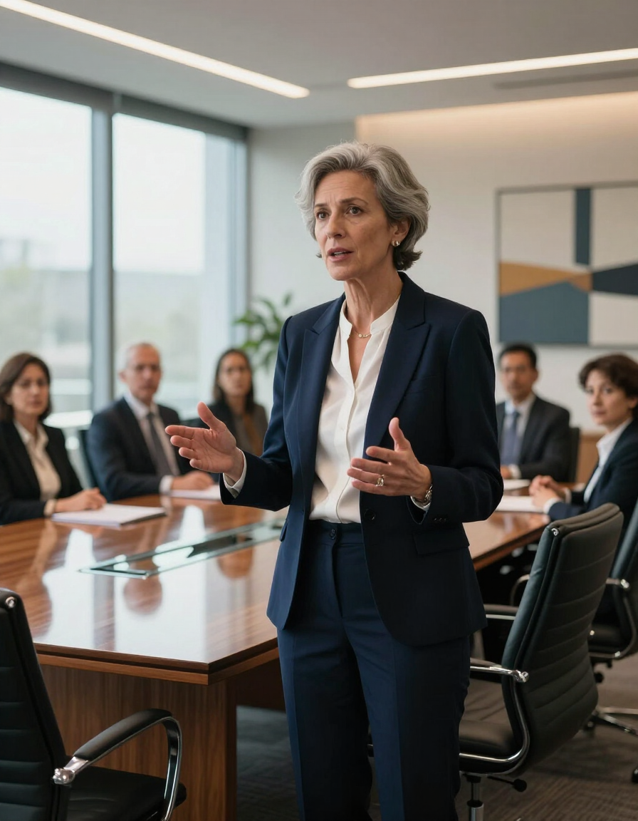 Executiva sênior apresentando em sala de reunião