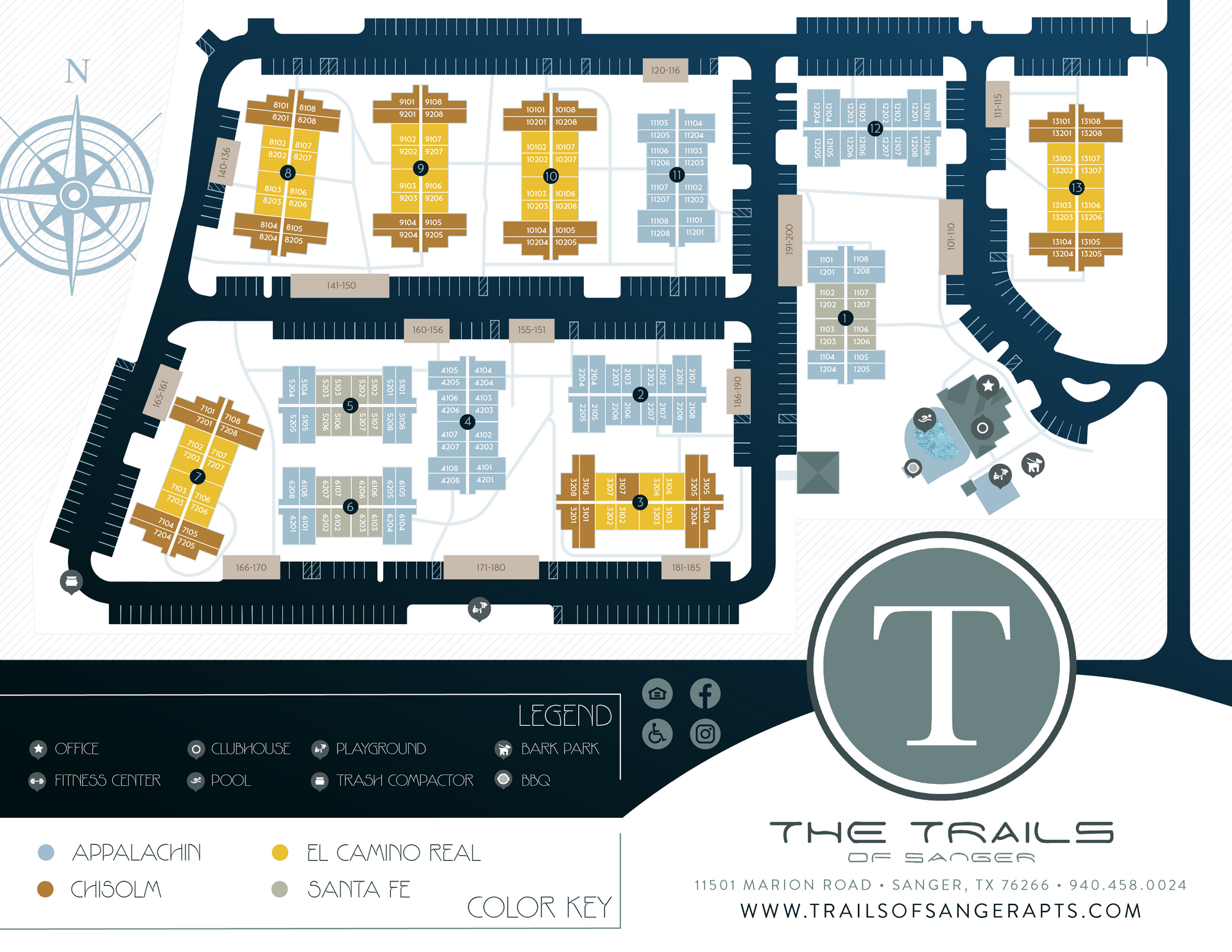 Apartment complex map: buildings in gold and blue, roads, landscaping, a compass rose, and a 