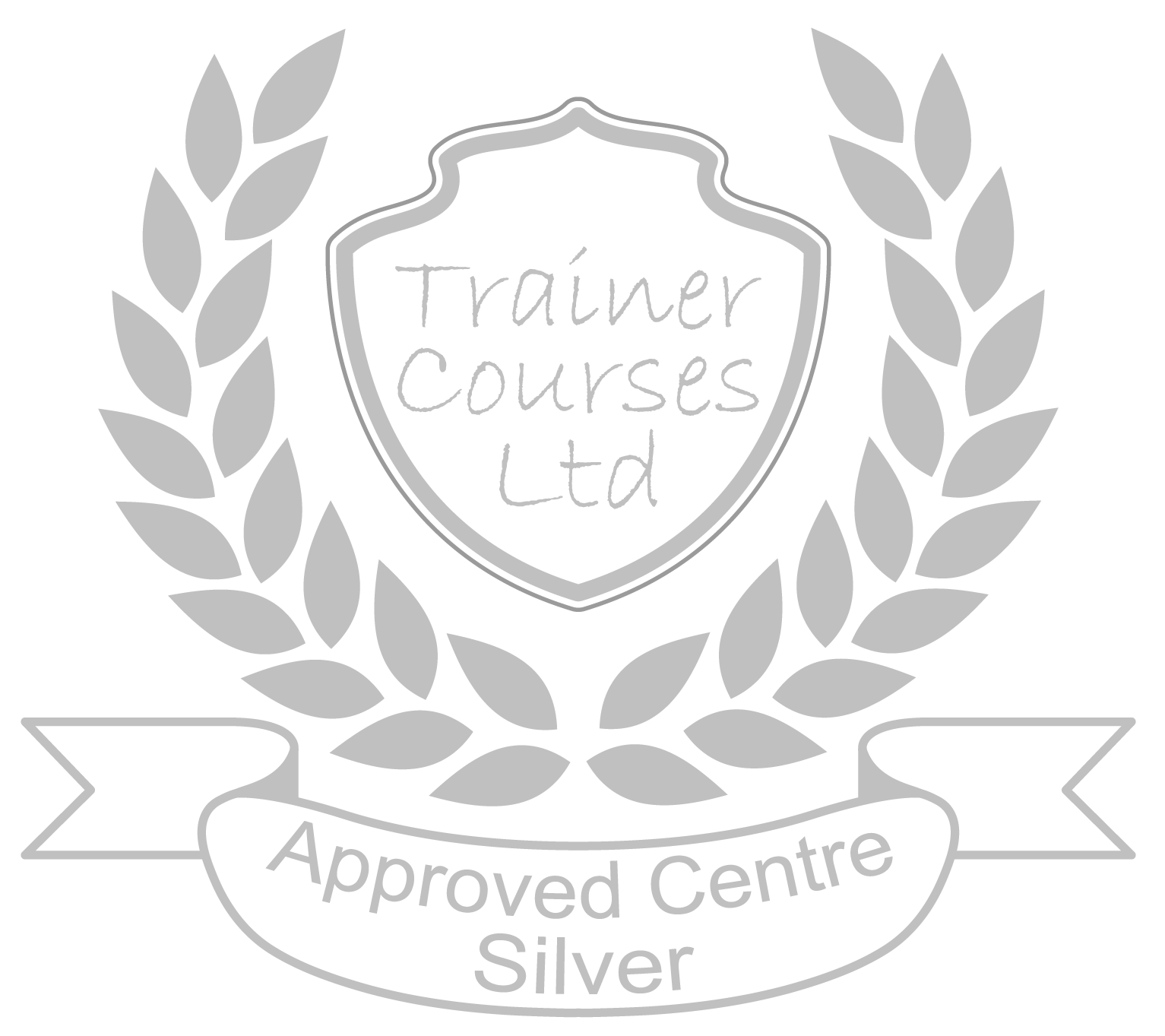 A logo for Trainer Courses Ltd depicting a shield surrounded by a laurel wreath with the text