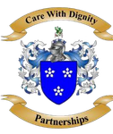Coat of arms with a blue shield, silver flourishes, and banner reading