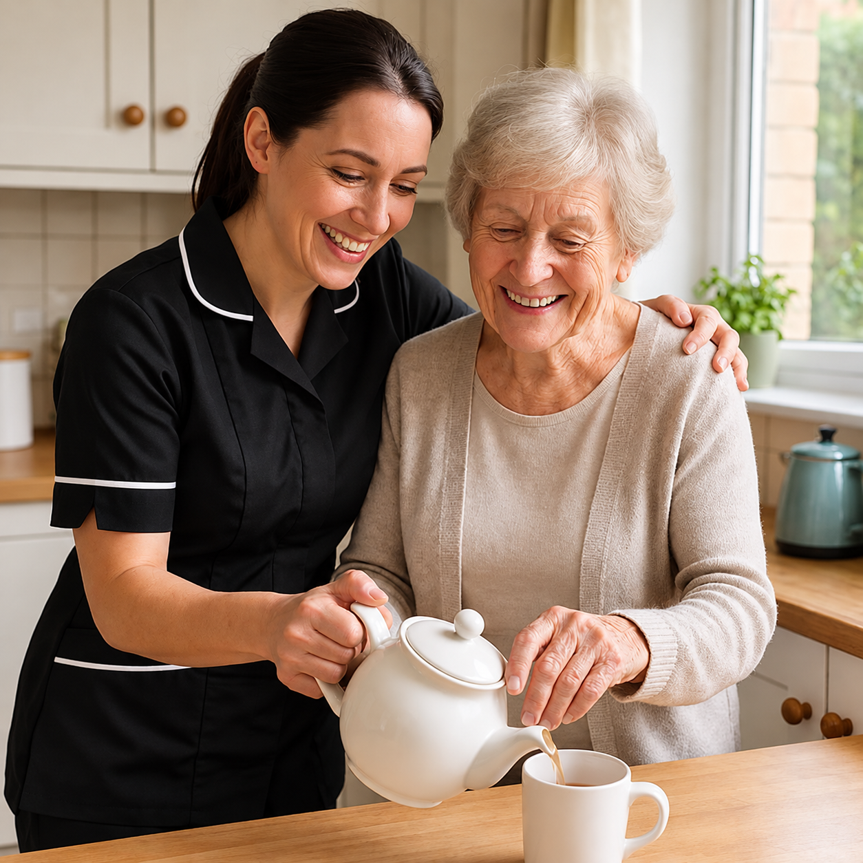 Care assistant in a black uniform with white piping helping an older woman pour tea at home