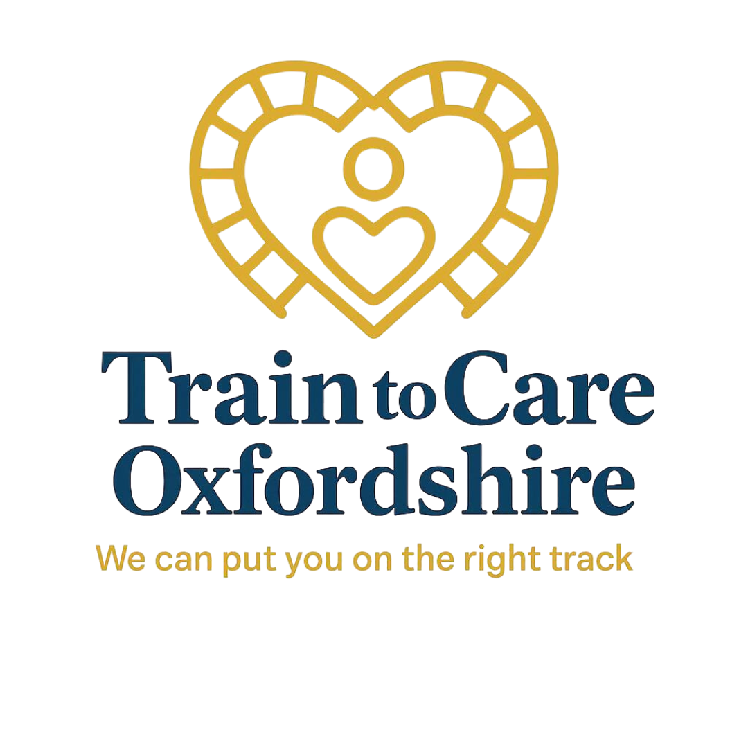 Gold heart logo with figure inside, blue text:
