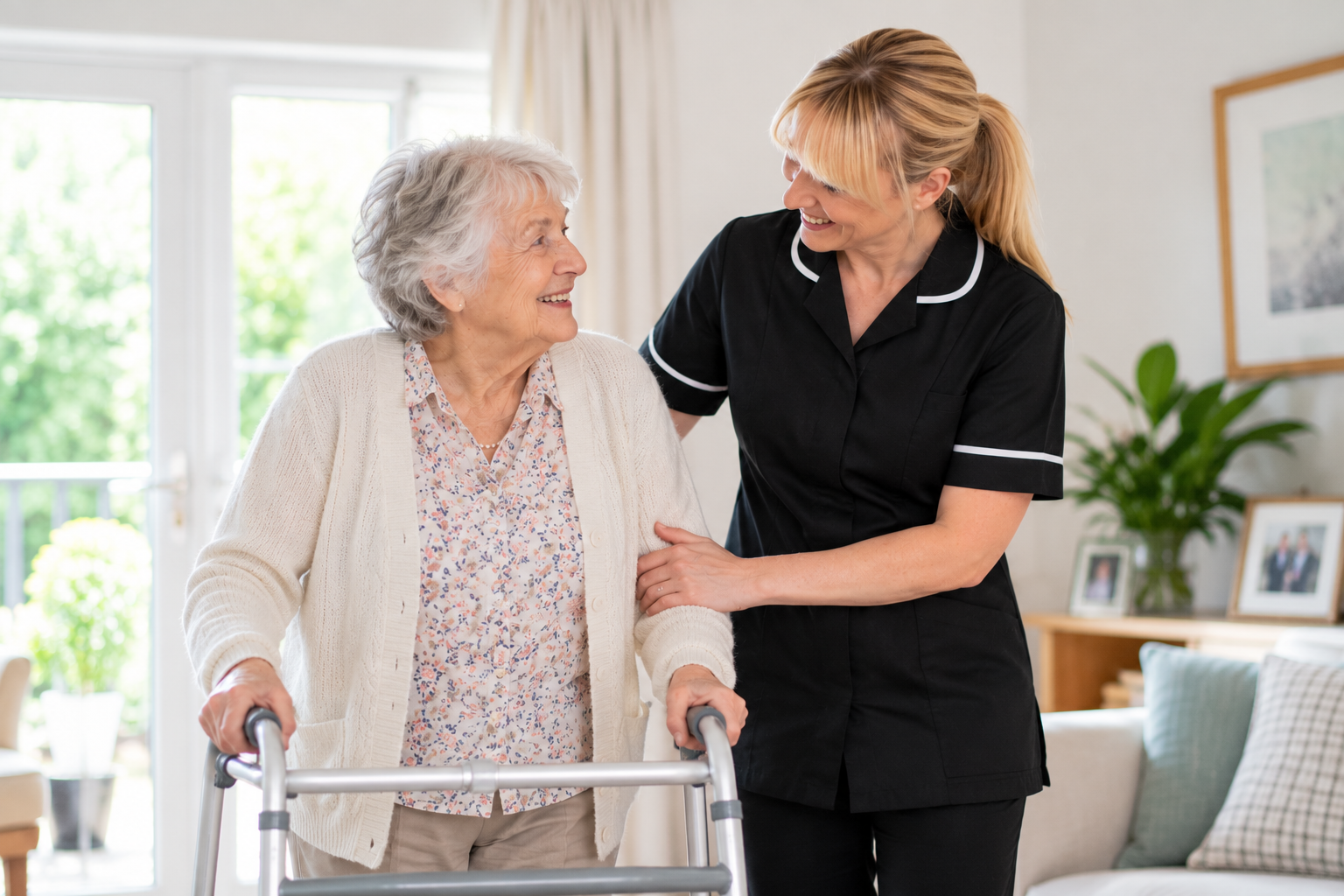 Home carer in a black uniform supporting an older woman using a walking frame at home