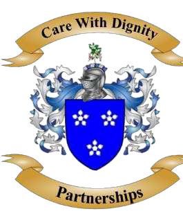 Coat of arms with a blue shield bearing white flowers, and banner reading