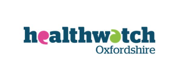 Healthwatch Oxfordshire logo. Dark teal text with pink and green accents.