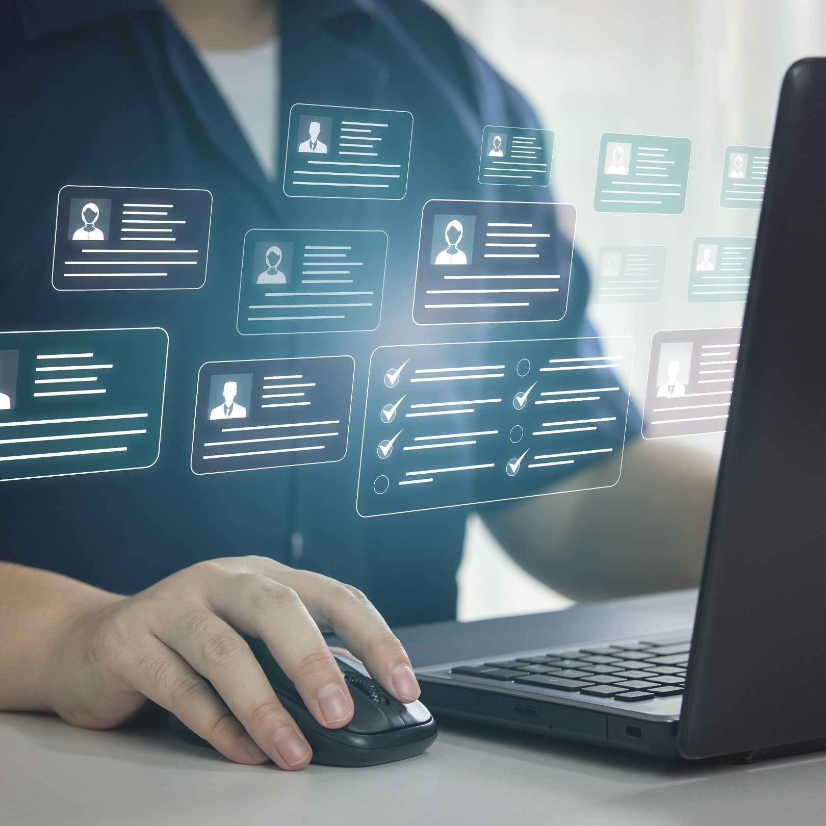Person using a laptop and mouse with floating digital ID cards in a modern office setting