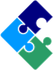 Three interlocking puzzle pieces in blue, dark blue, and green forming a diamond shape