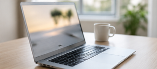 Silver laptop on a wooden table with a coffee mug and a blurred window in the background