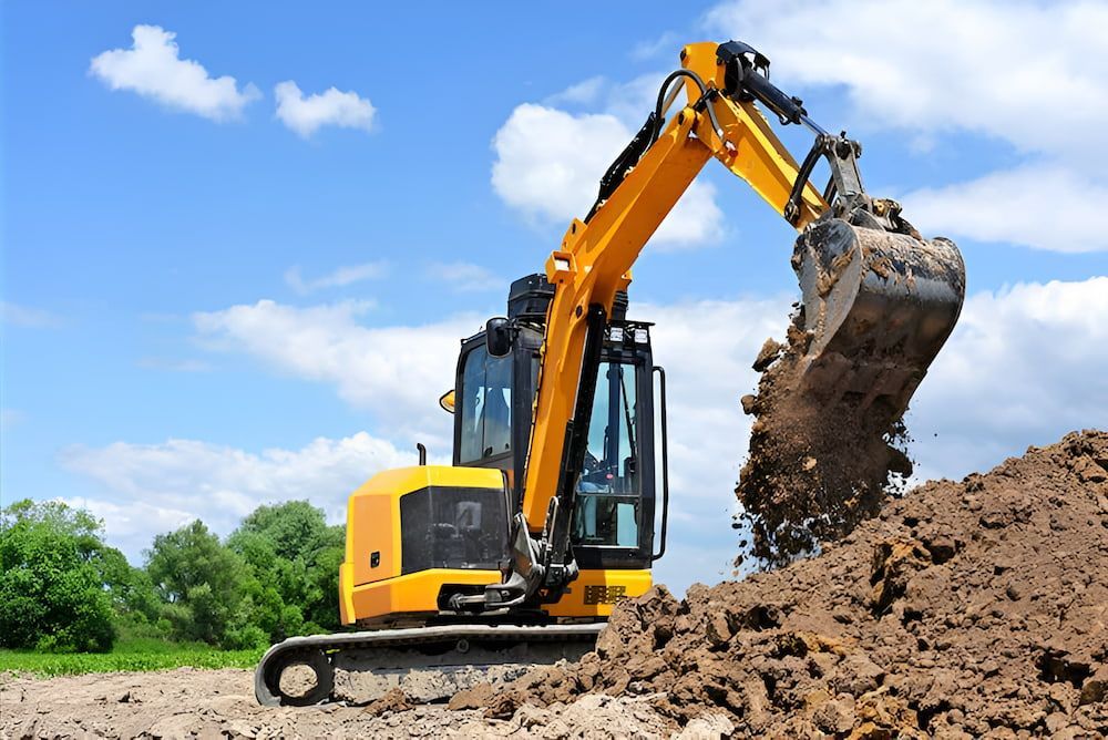 A Man Is Driving A Small Excavator Digging A Hole In The Ground — Jeff Thompson Excavator Hire Pty Ltd In Pink Lily, QLD