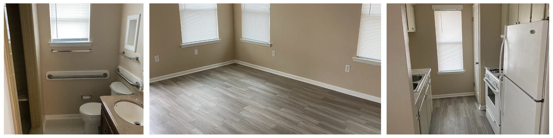 Bright empty bedroom and bathroom with beige walls, gray flooring, and white window blinds in a home.