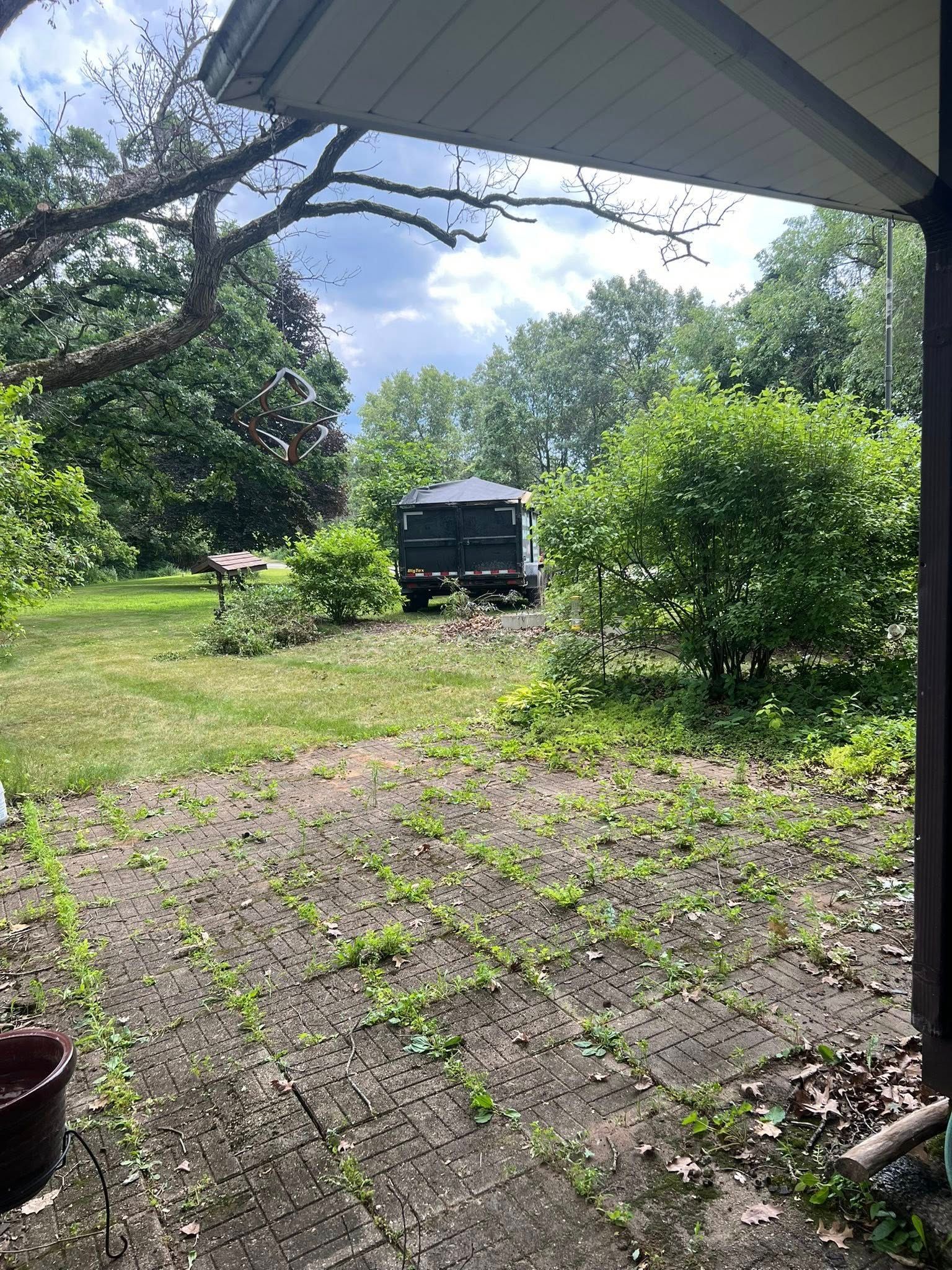A view from a patio looking out onto a grassy yard with a black truck parked in the distance under a cloudy sky.