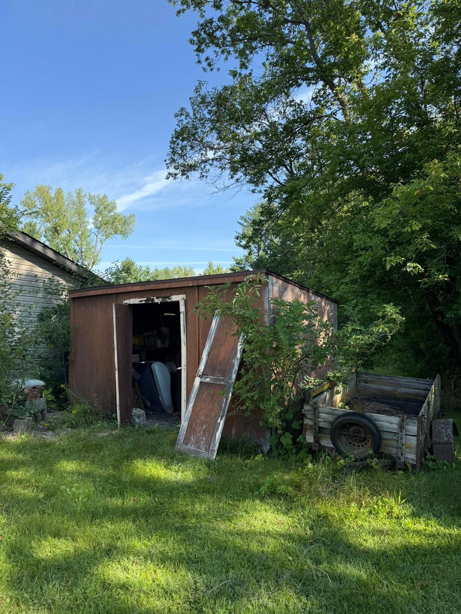 A weathered, brown storage shed stands in a grassy yard next to trees, with a detached door leaning against the front.