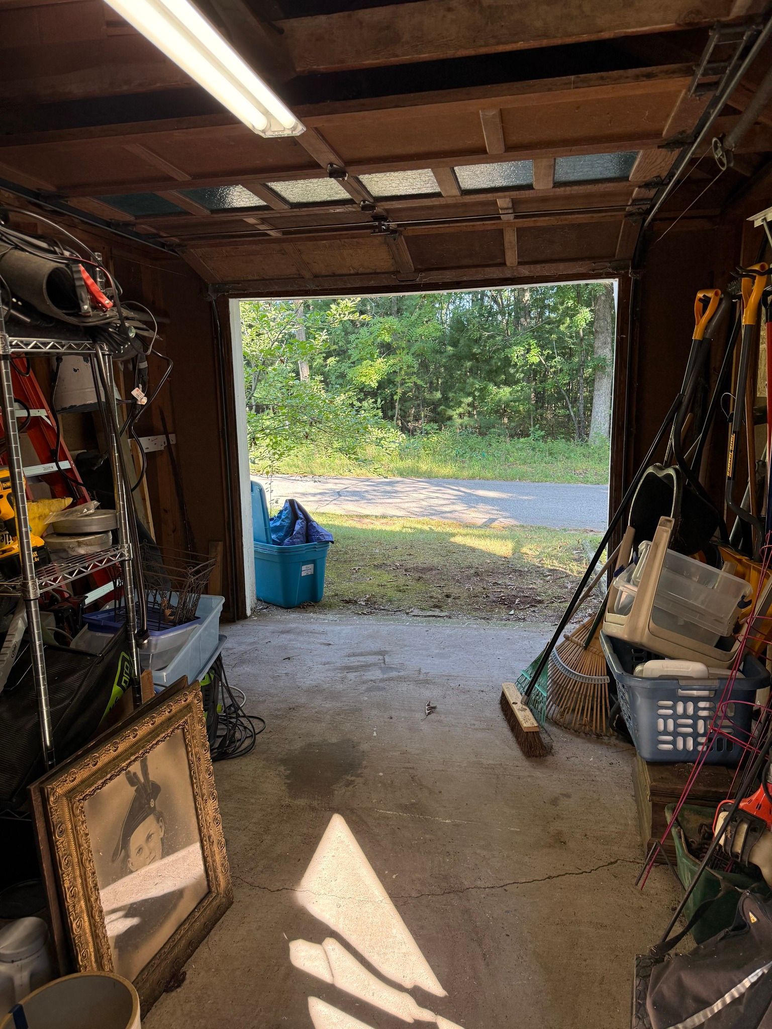 A cluttered garage interior with items on shelves and walls, looking out through an open door onto a green, sunny yard.