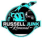 Logo for Russell Junk Removal, featuring a cyan and black graphic of a heavy machinery claw over text.