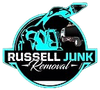 Logo for Russell Junk Removal, featuring a cyan and black graphic of a heavy machinery claw over text.