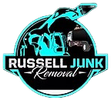Logo for Russell Junk Removal, featuring a cyan and black graphic of a heavy machinery claw over text.