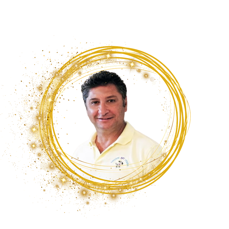 A person wearing a pale yellow polo shirt, framed by a glowing, golden circular border with sparkles.