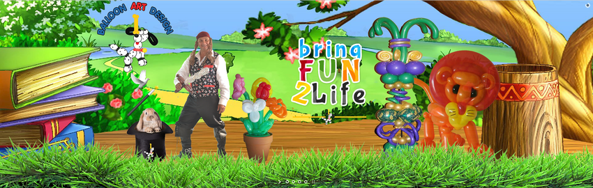 A vibrant, cartoonish scene with a person standing next to a dog, a potted flower, a colorful toy, and a lion statue.