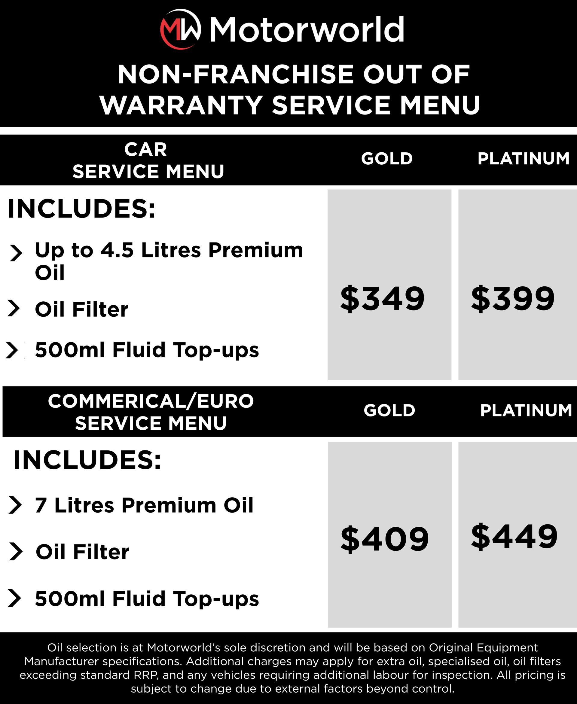 Motorworld Non-Franchise - Out Of Warranty Service Menu
