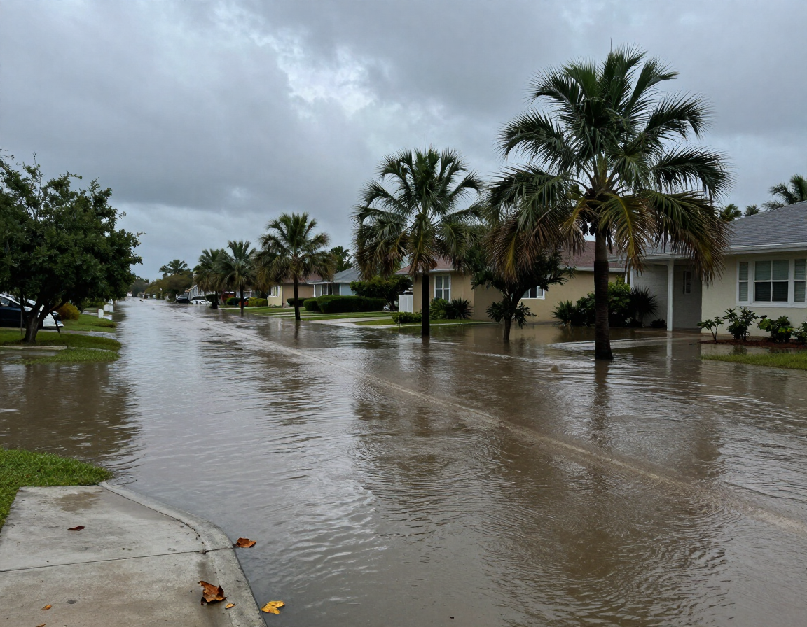 Flooded suburban street with standing water, palm trees, and houses under cloudy skies