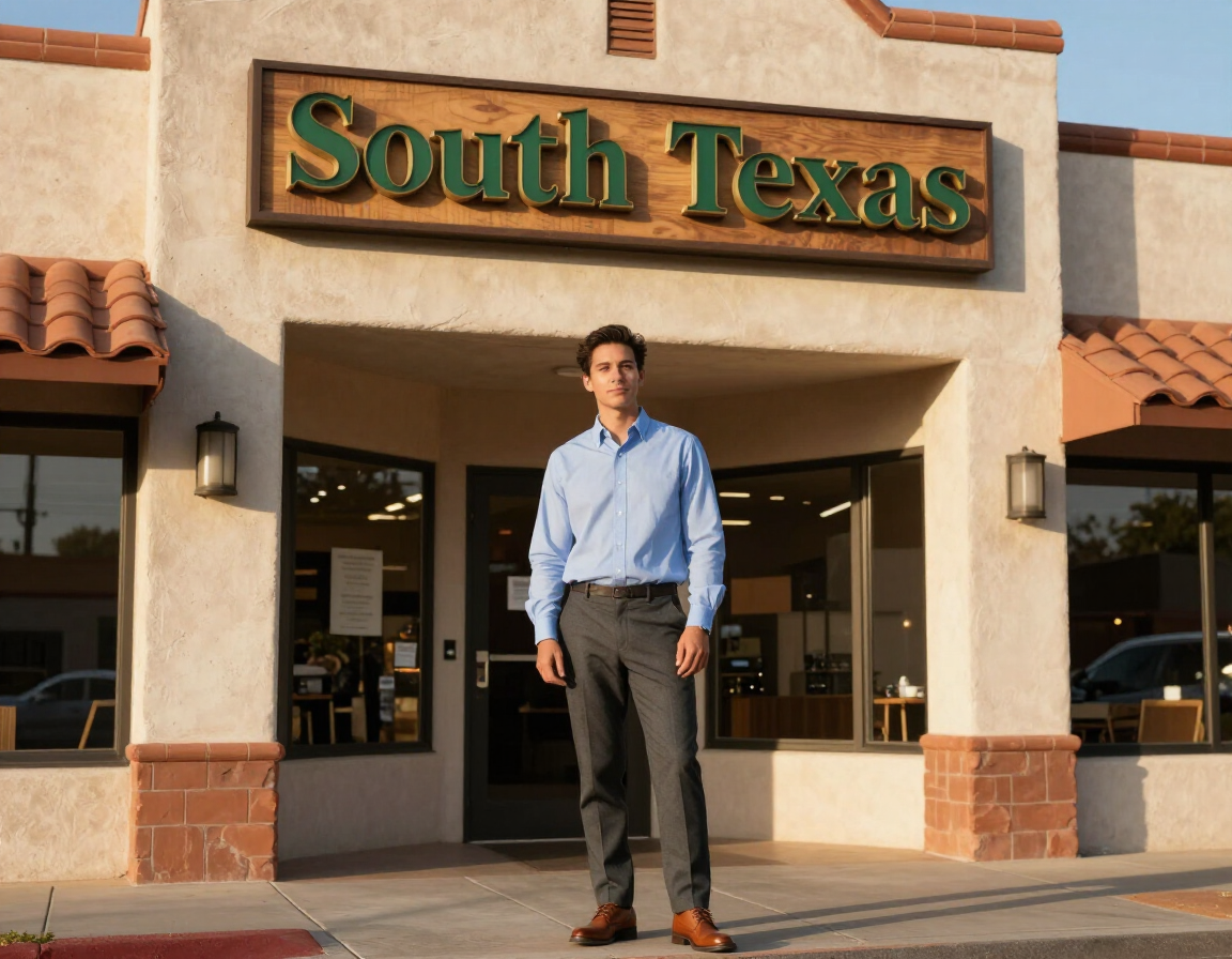 Man standing in front of a South Texas storefront with a tan stucco facade and green sign