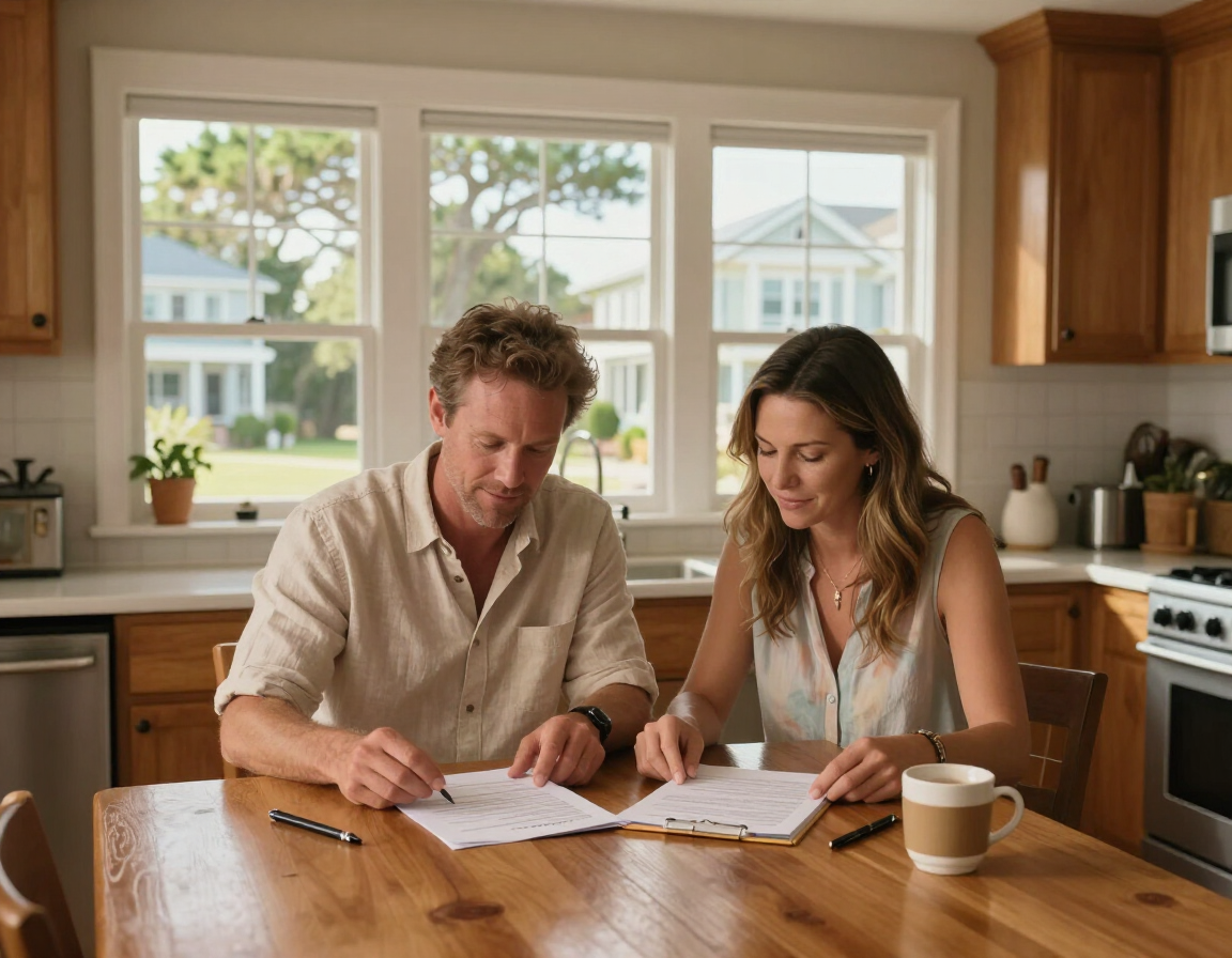 Two people reviewing documents at a kitchen table in a bright home interior.