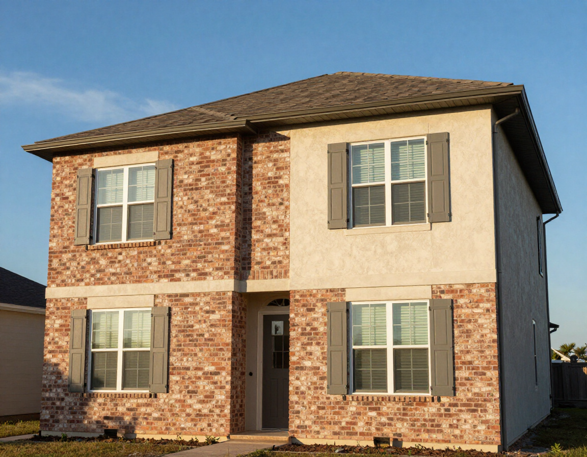 Two-story brick and beige house with a front porch and shuttered windows in daylight