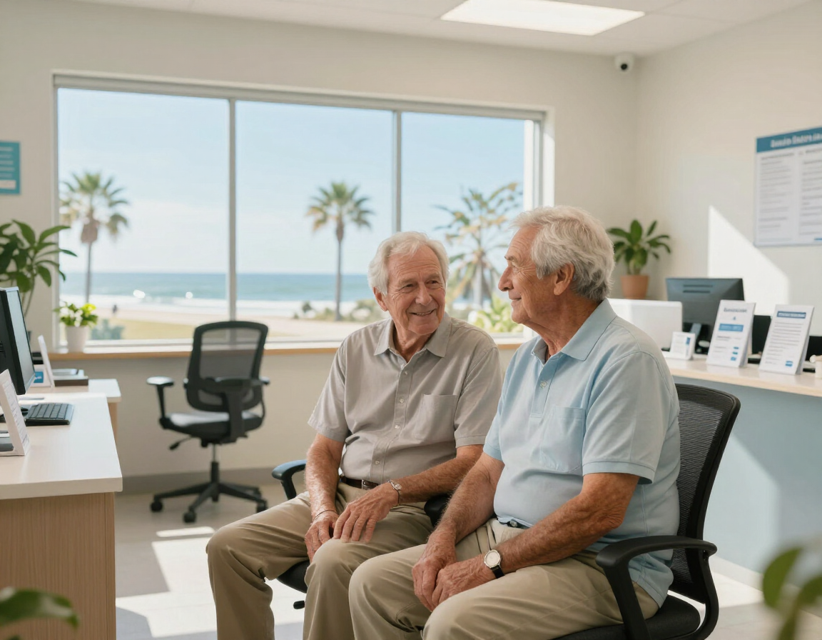 Two older men smiling and talking in a bright office with ocean view