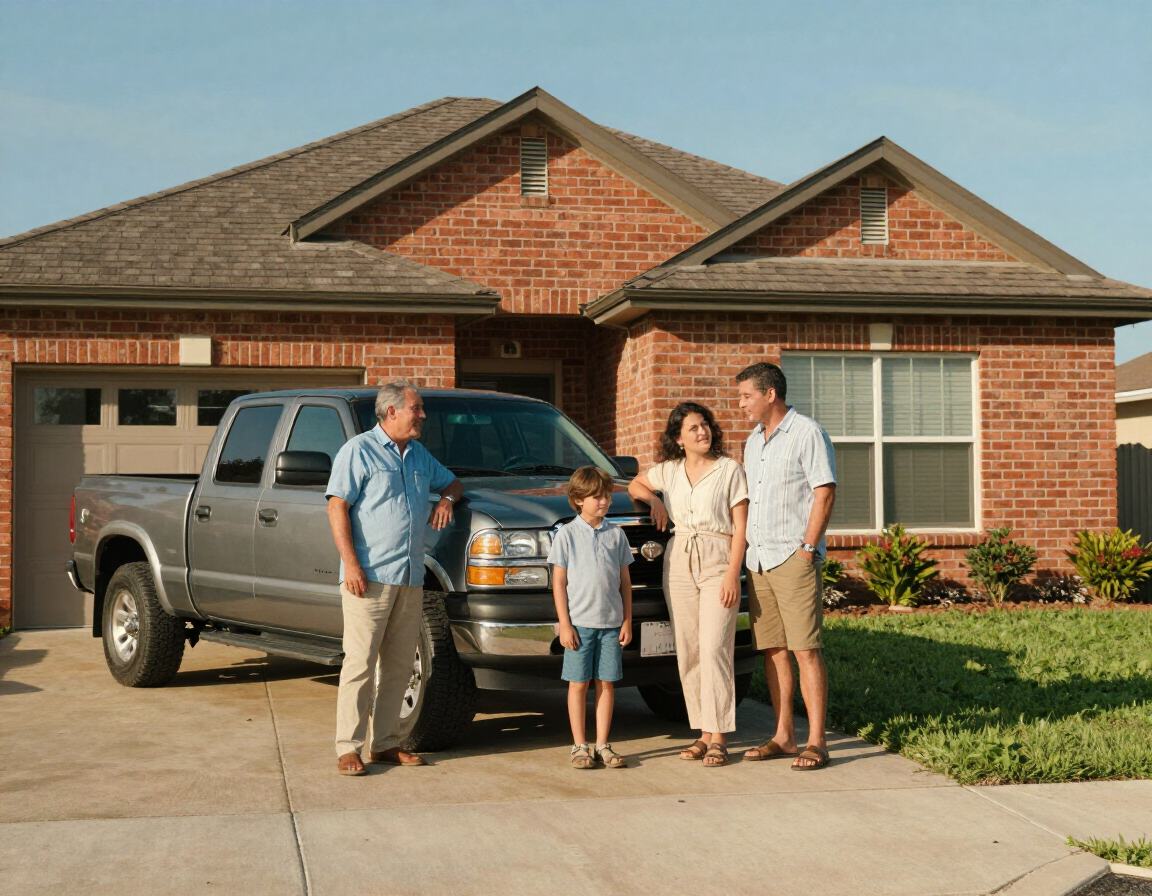Four people stand in a driveway beside a gray pickup truck in front of a brick house.