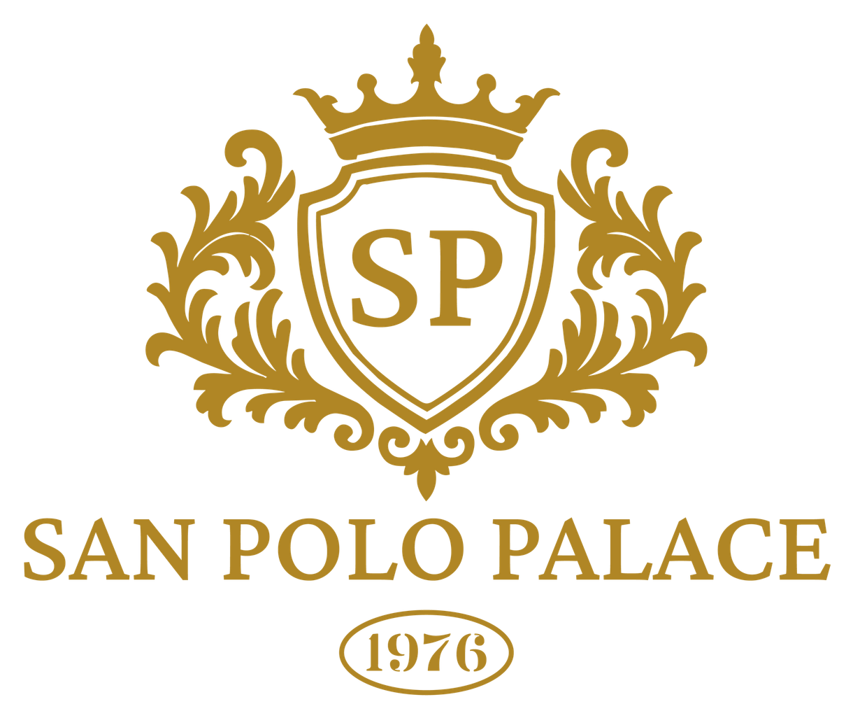 Gold San Polo Palace logo with crowned SP crest and “1976” on white background