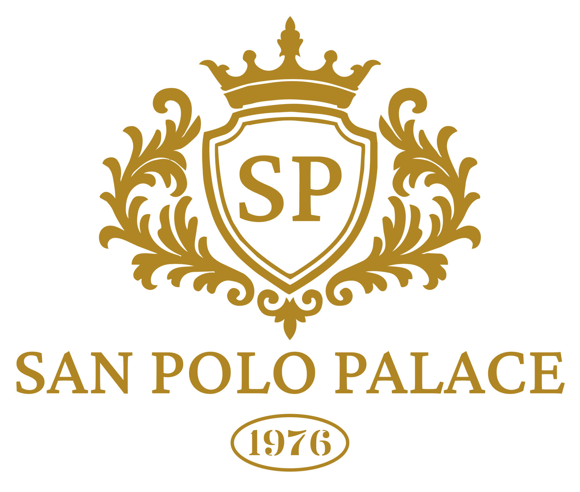 Gold San Polo Palace logo with crowned SP crest and “1976” on white background