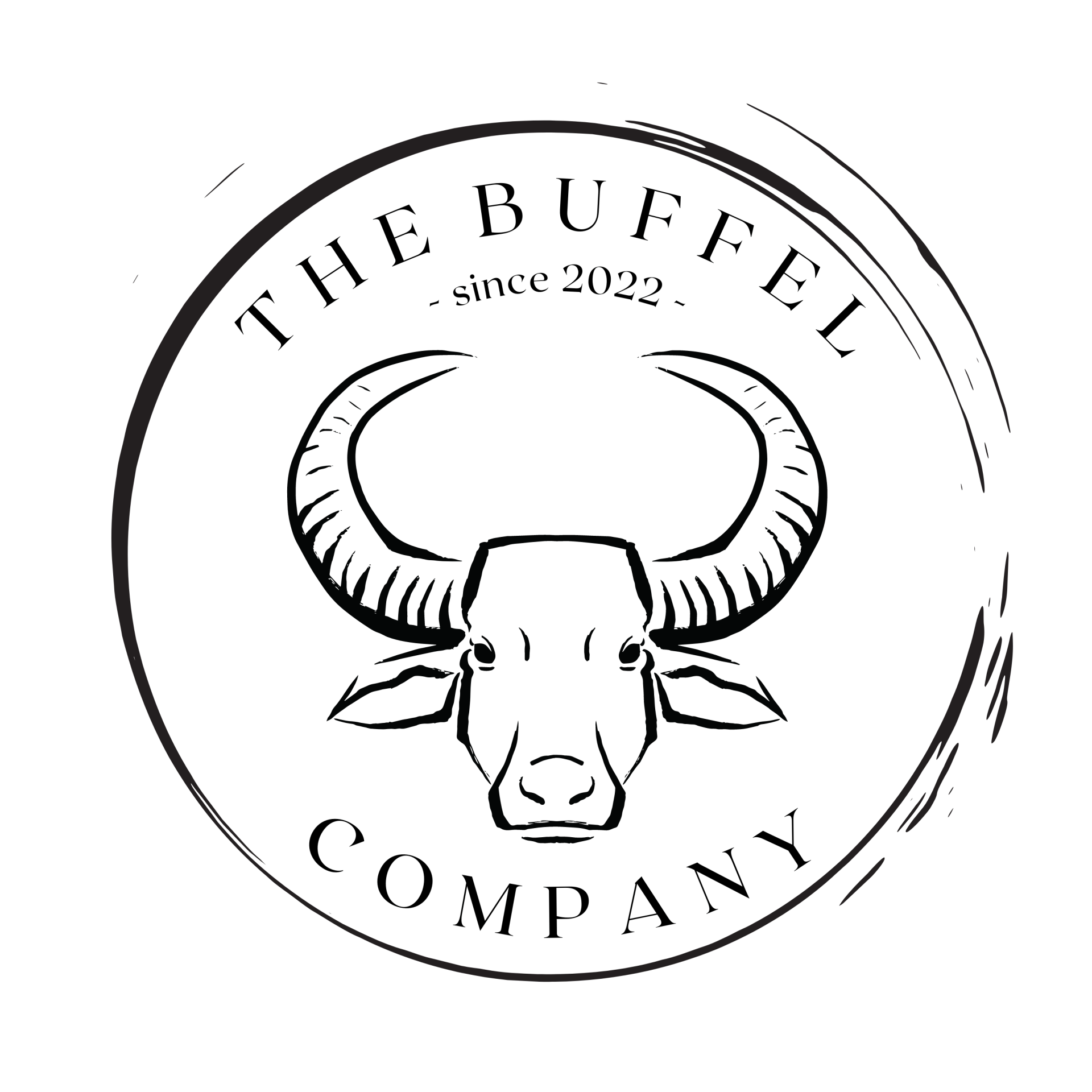 Zwart-wit logo: Buffelkop met gebogen hoorns, in een cirkel met de tekst "The Buffel Company since 2022."