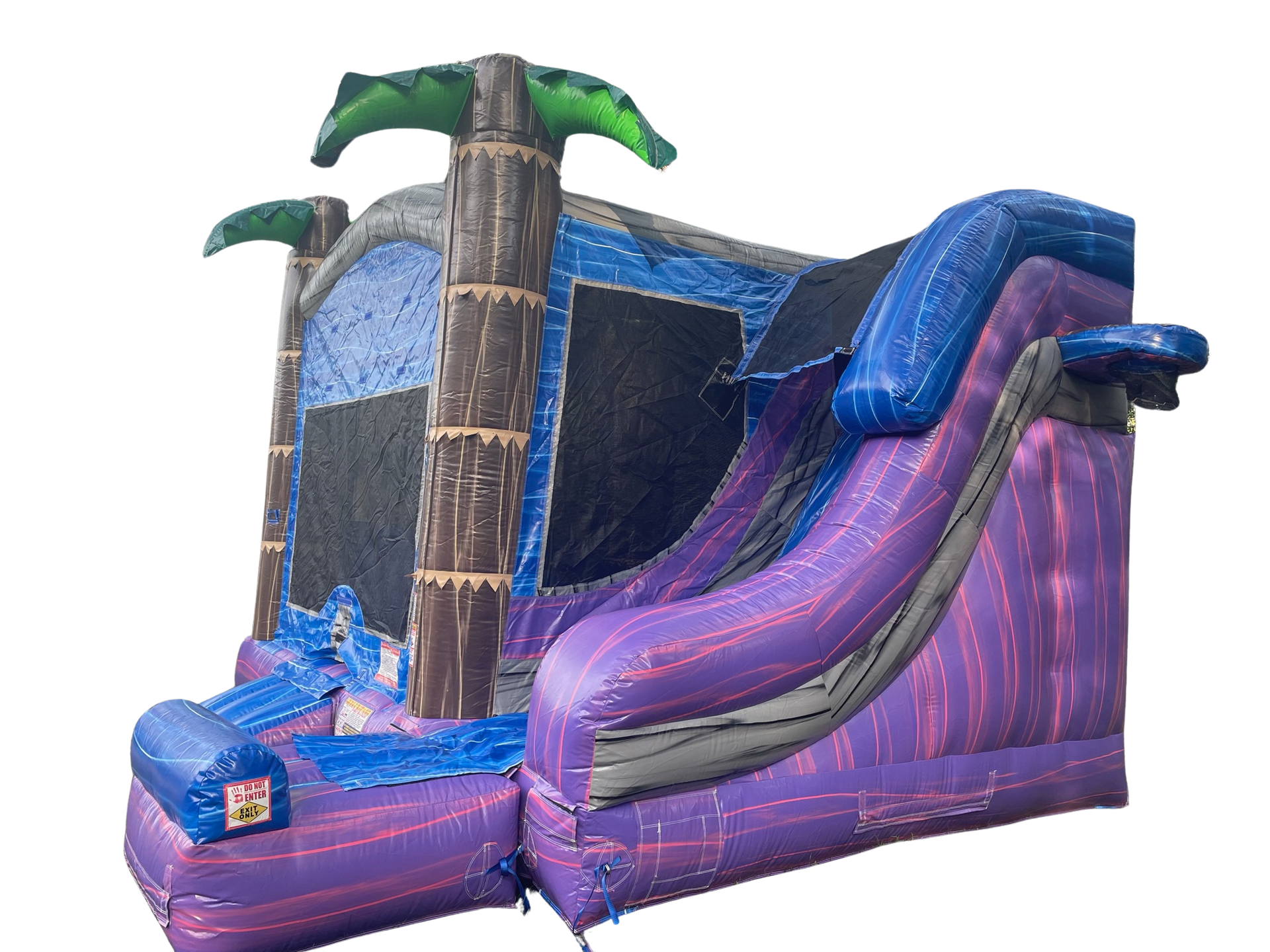 an inflatable water slide with the word fire on it
