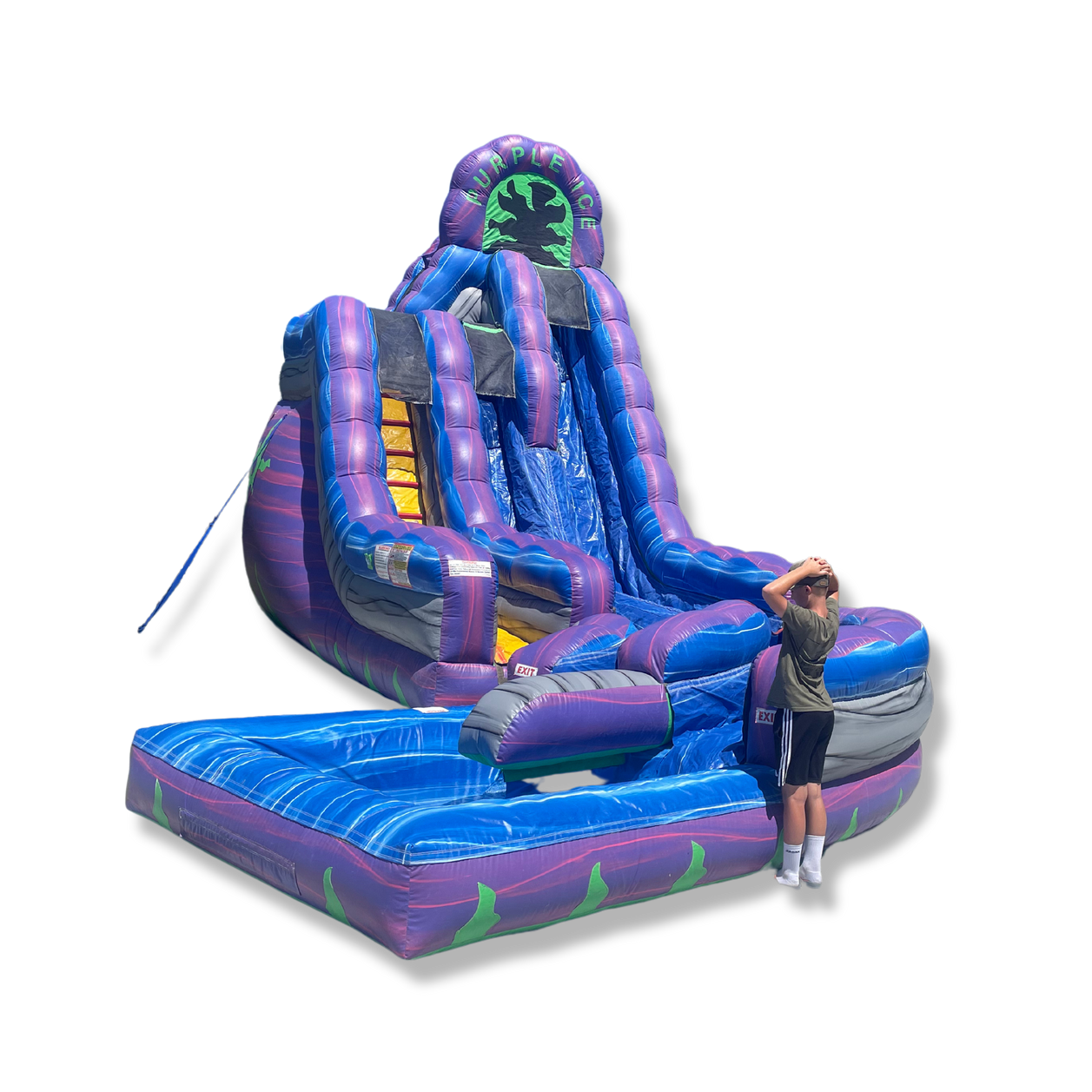 an inflatable water slide with a pool attached to it