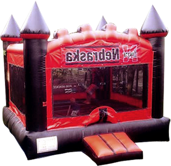 a red and black bouncy house that says ' nebraska ' on it