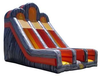 a large inflatable slide with a volcano theme on a white background .