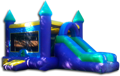 a blue bouncy house with a slide attached to it