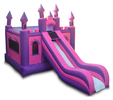 a pink and purple bouncy castle with a slide