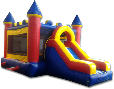 A red , yellow and blue bouncy castle with a slide