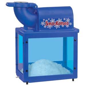 a blue snow cone machine is filled with snow .